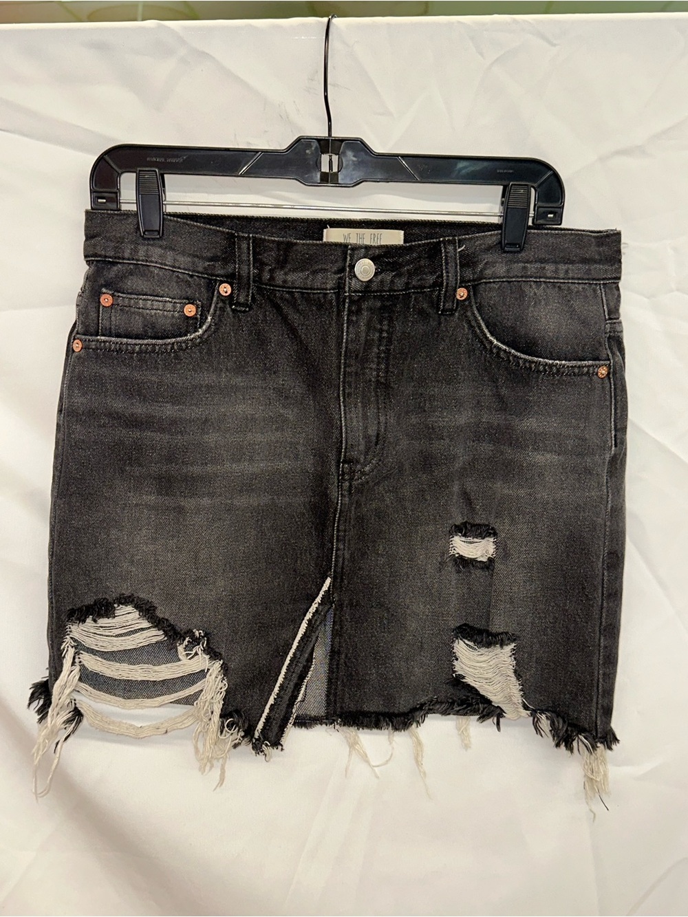 We The Free Black Distressed Denim Mini Skirt